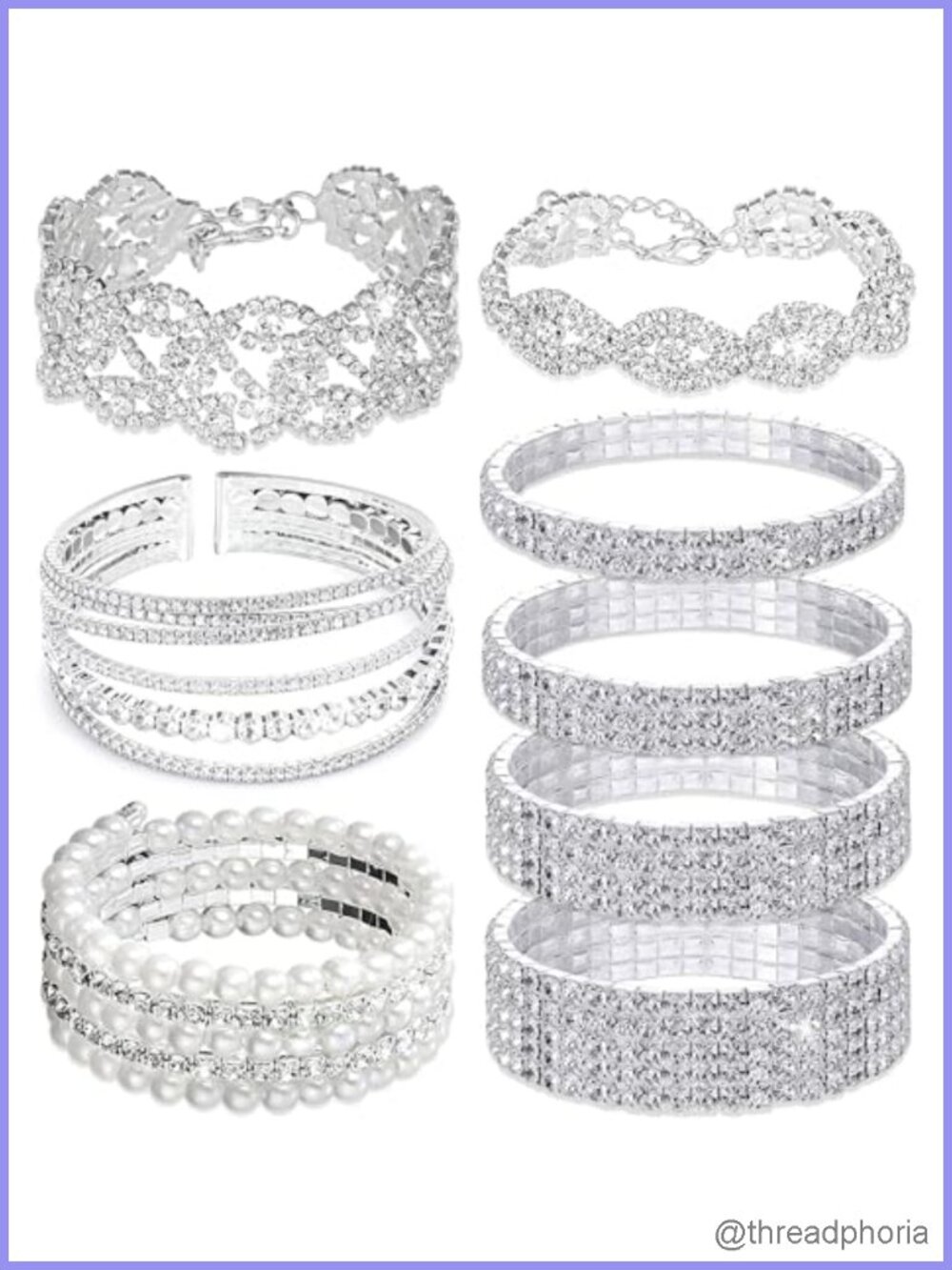 8 Piece Rhinestone Stretch Cuff Bracelet Set for Women Crystal Wedding Jewelry